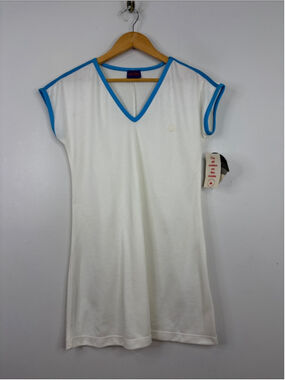 Vintage Mini Dress Womens Medium Large White Cotton Jersey Cap Sleeve Tennis 80s